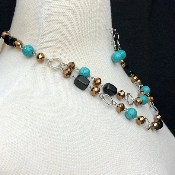 Turquoise 2 Row Layered Stone Bead Necklace Earrings Set - Picture 3 of 3